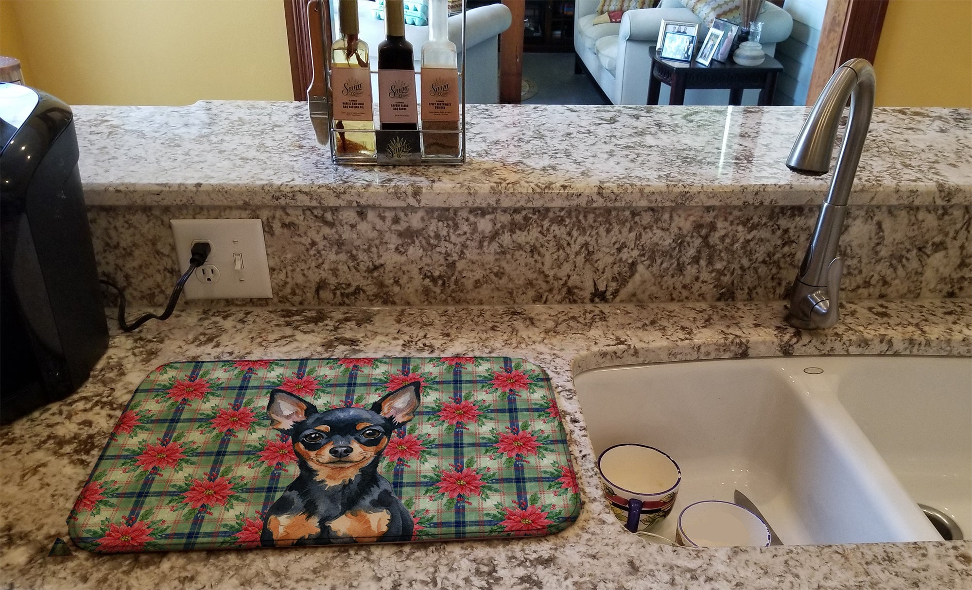 Black and Tan Russian Toy Christmas PoinsettIas Dish Drying Mat Absorbent Dish Drying Mat Pad for Kitchen Counter Dish Drainer Mat for Countertop, 14 x 21", Multicolor