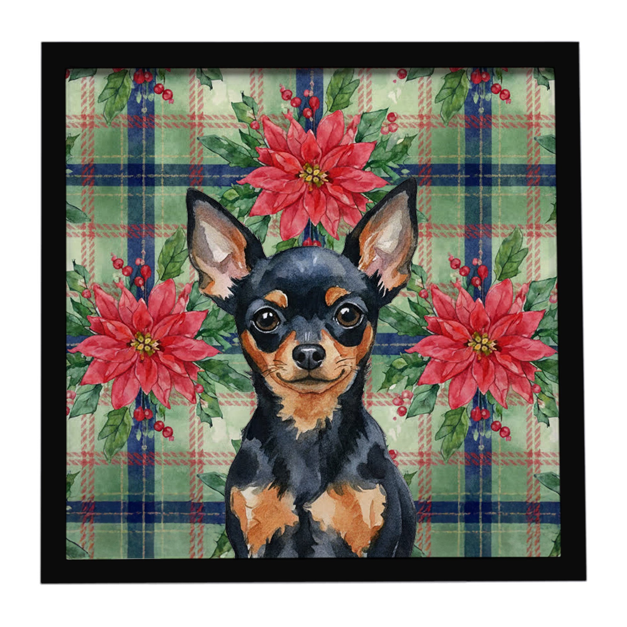 Christmas Black and Tan Russian Toy Christmas PoinsettIas 8x8 Framed Metal