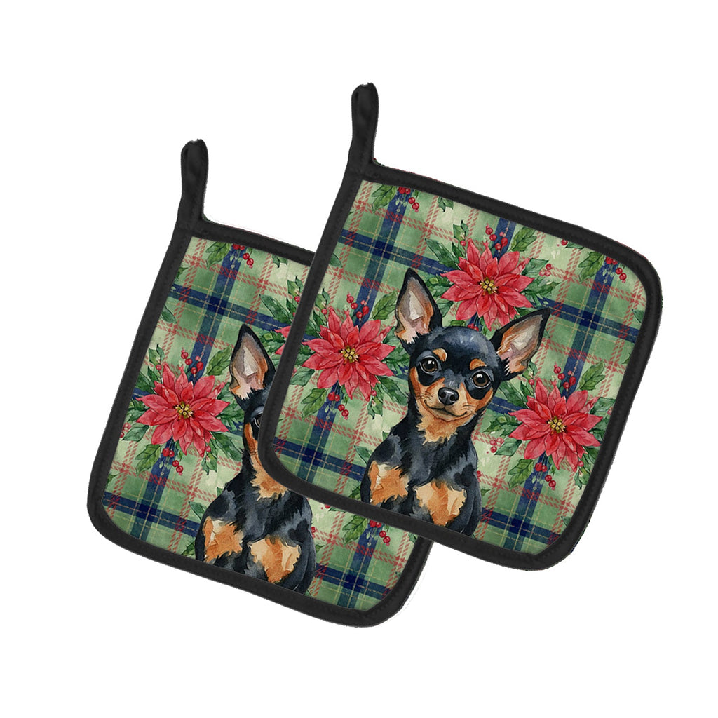 Black and Tan Russian Toy Christmas PoinsettIas Pot Holder Set of 2 Heat Resistant Quilted Hot Pads 7.5 x 7.5 Inch, Insulated Kitchen Trivets for Cooking & Baking