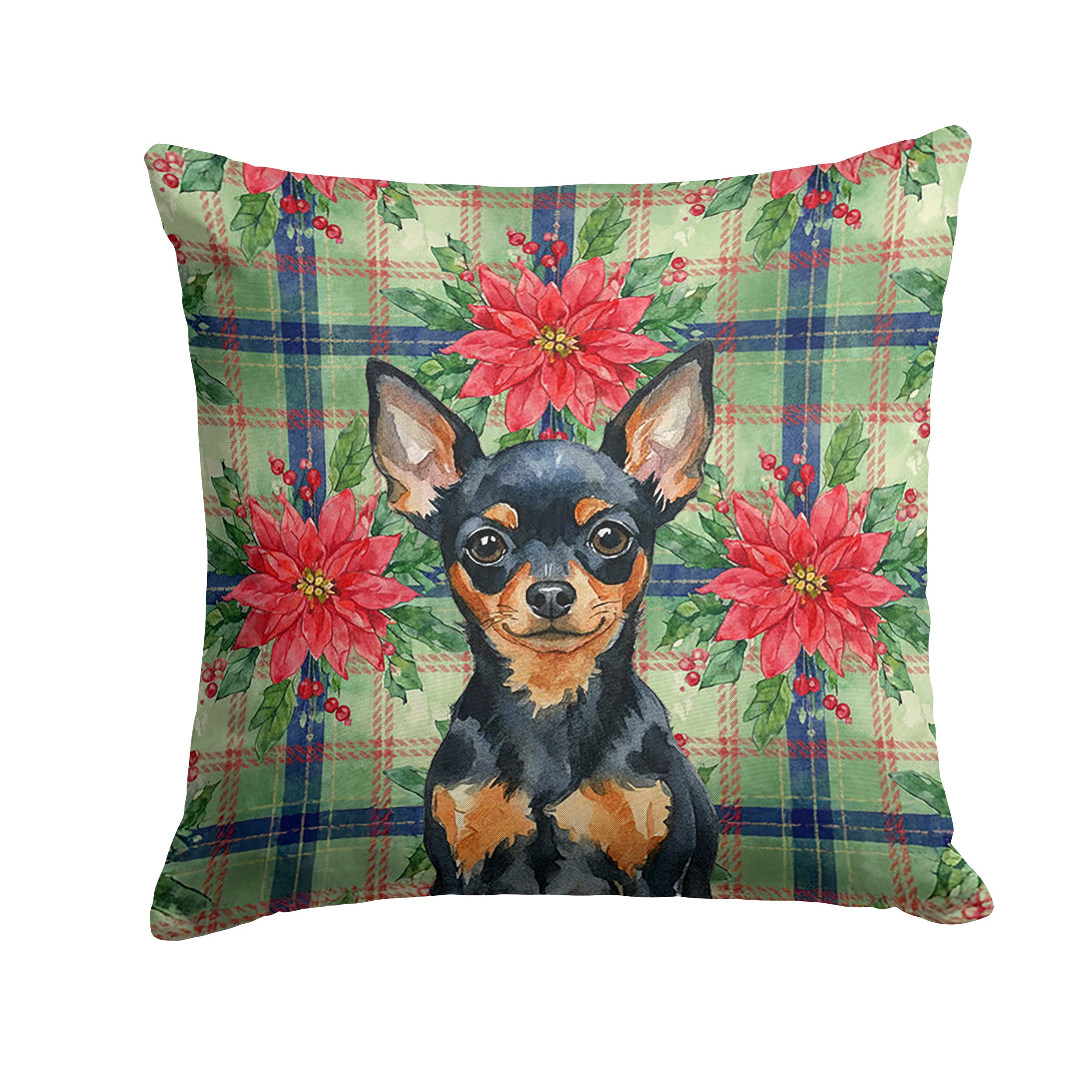 Black and Tan Russian Toy Christmas PoinsettIas Decorative Throw Pillow 14x14 Indoor Outdoor Accent Cushion, Fabric Cover with Insert for Sofa, Bed, Porch & Living Room