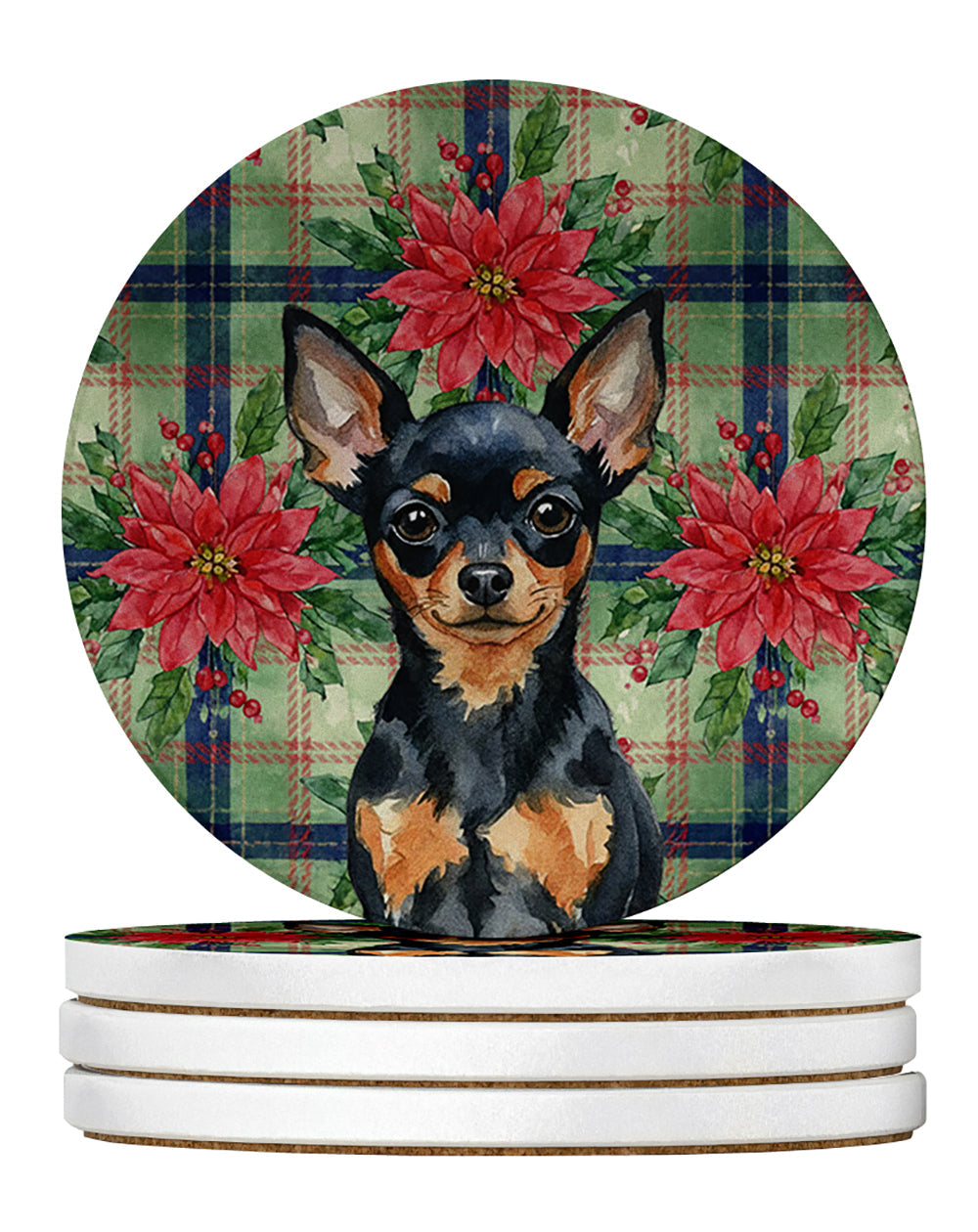 Black and Tan Russian Toy Christmas PoinsettIas Large Sandstone Coasters Pack of 4 Absorbent Round Coasters Decor Gifts for Men or Women, 4 in, Multicolor