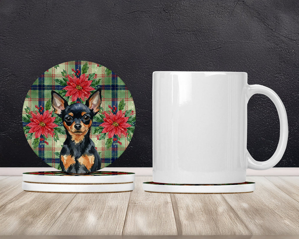 Black and Tan Russian Toy Christmas PoinsettIas Large Sandstone Coasters Pack of 4 Absorbent Round Coasters Decor Gifts for Men or Women, 4 in, Multicolor