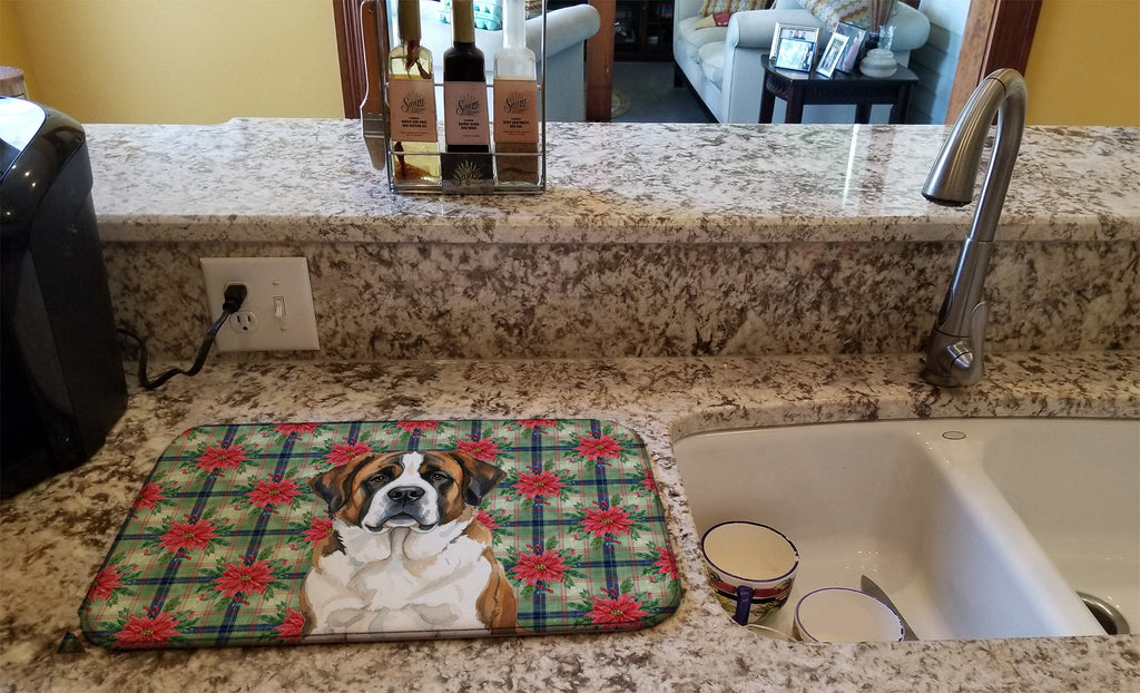 Brindle and White Saint Bernard Christmas PoinsettIas Dish Drying Mat Absorbent Dish Drying Mat Pad for Kitchen Counter Dish Drainer Mat for Countertop, 14 x 21", Multicolor