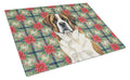 Brindle and White Saint Bernard Christmas PoinsettIas Cutting Board Tempered Glass Kitchen Cutting Surface, Heat Resistant Chopping, Non-Slip Feet, Food Prep & Serving