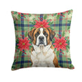 Brindle and White Saint Bernard Christmas PoinsettIas Decorative Throw Pillow 14x14 Indoor Outdoor Accent Cushion, Fabric Cover with Insert for Sofa, Bed, Porch & Living Room