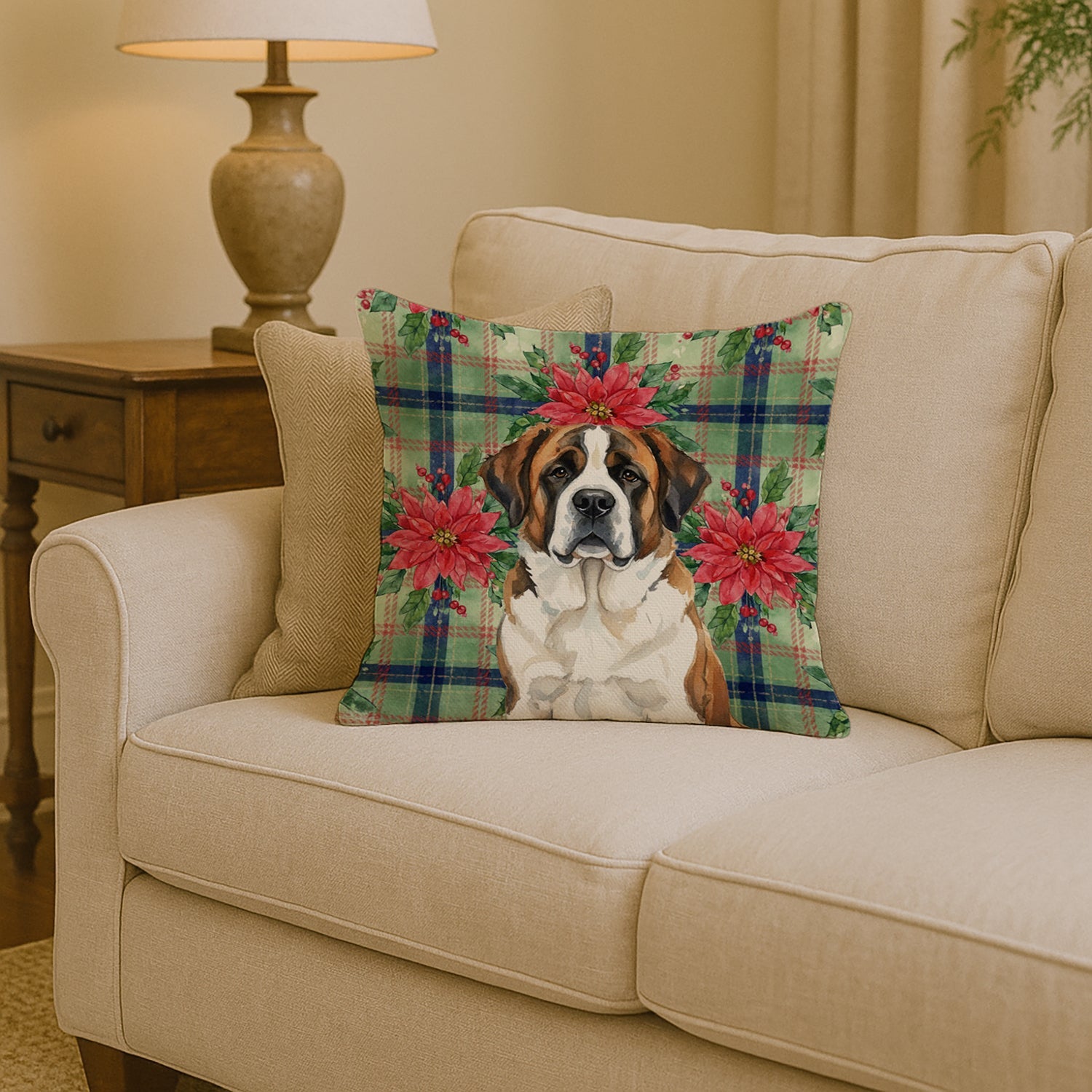 Brindle and White Saint Bernard Christmas PoinsettIas Decorative Throw Pillow 14x14 Indoor Outdoor Accent Cushion, Fabric Cover with Insert for Sofa, Bed, Porch & Living Room