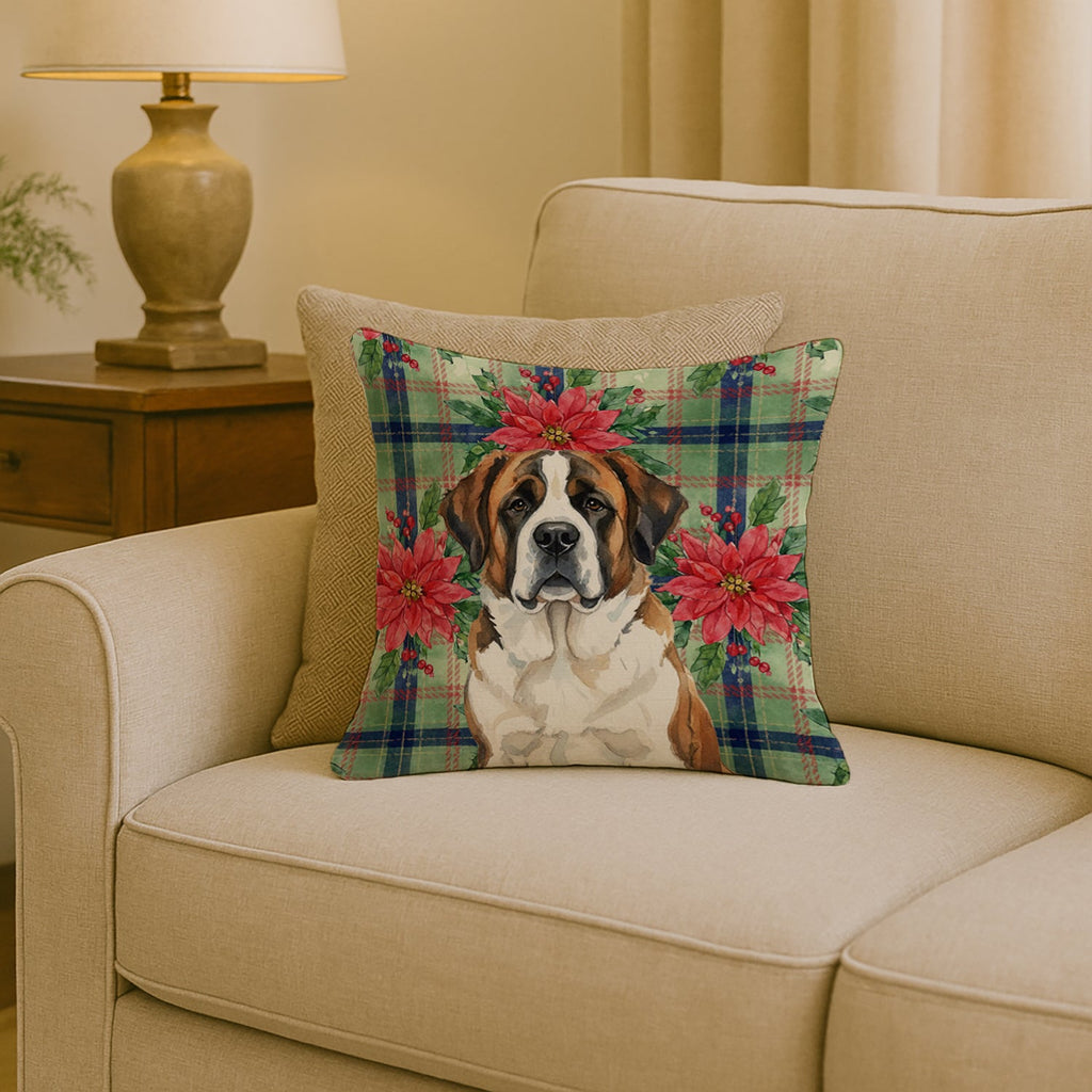 Brindle and White Saint Bernard Christmas PoinsettIas Decorative Throw Pillow 18x18 Indoor Outdoor Accent Cushion, Fabric Cover with Insert for Sofa, Bed, Porch & Living Room