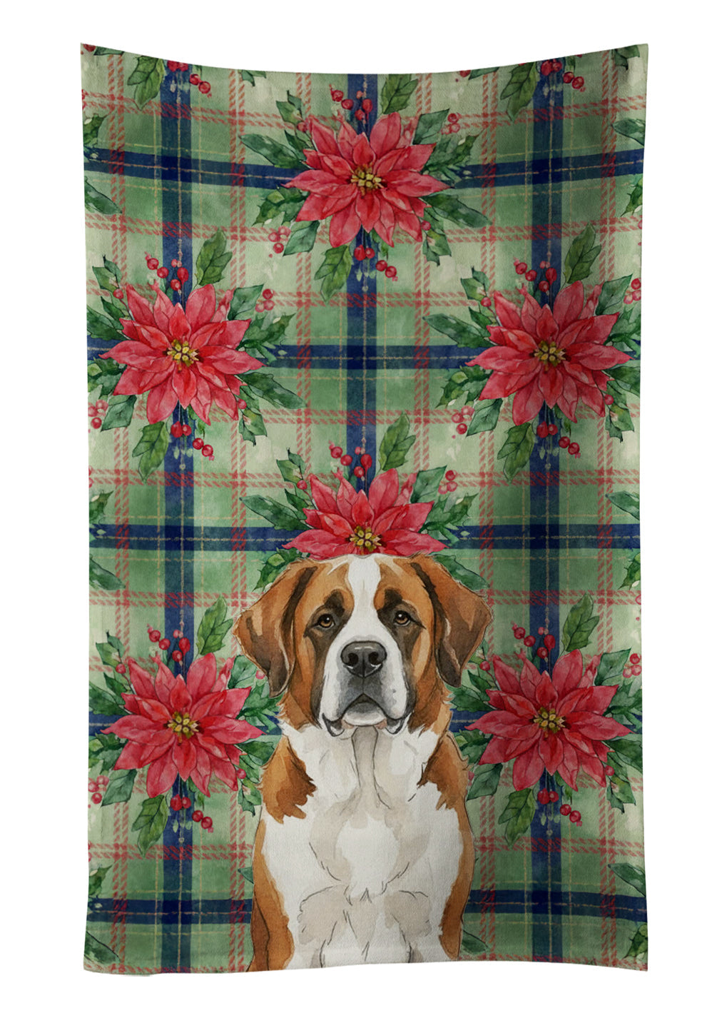 Brown and White Saint Bernard Christmas PoinsettIas Kitchen Towel Velour Plush Front and Cotton Loop Back Machine Washable