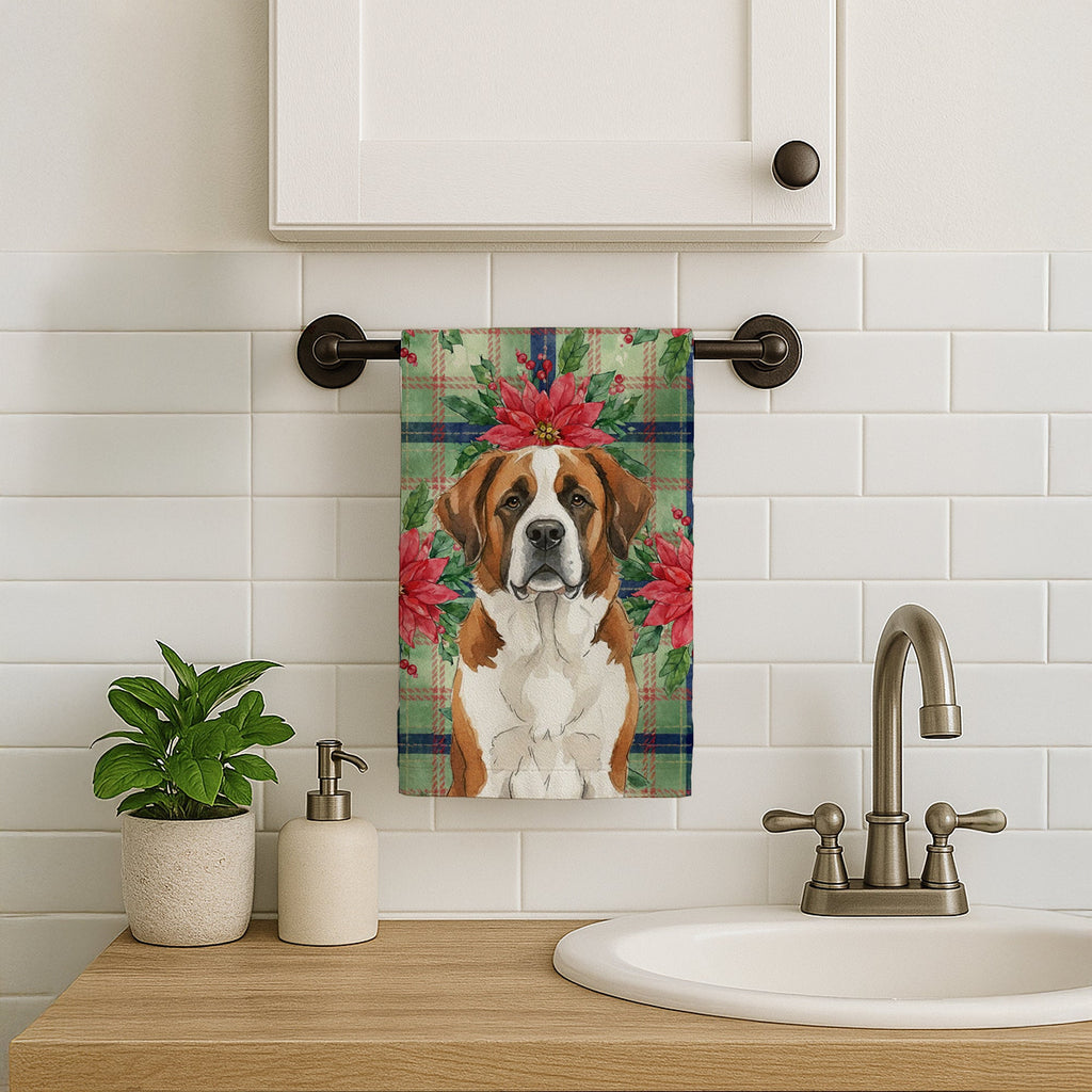 Brown and White Saint Bernard Christmas PoinsettIas Kitchen Towel Velour Plush Front and Cotton Loop Back Machine Washable