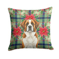 Brown and White Saint Bernard Christmas PoinsettIas Decorative Throw Pillow 14x14 Indoor Outdoor Accent Cushion, Fabric Cover with Insert for Sofa, Bed, Porch & Living Room