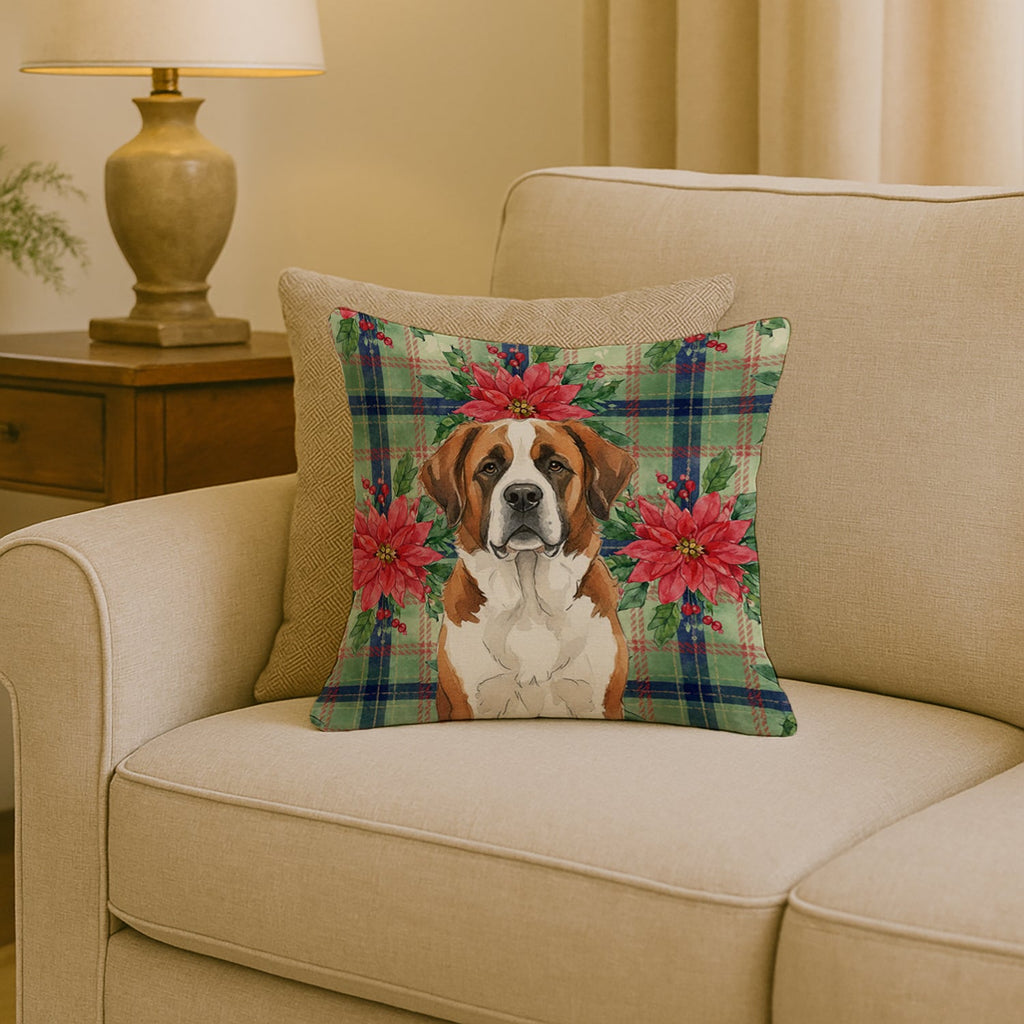 Brown and White Saint Bernard Christmas PoinsettIas Decorative Throw Pillow 18x18 Indoor Outdoor Accent Cushion, Fabric Cover with Insert for Sofa, Bed, Porch & Living Room