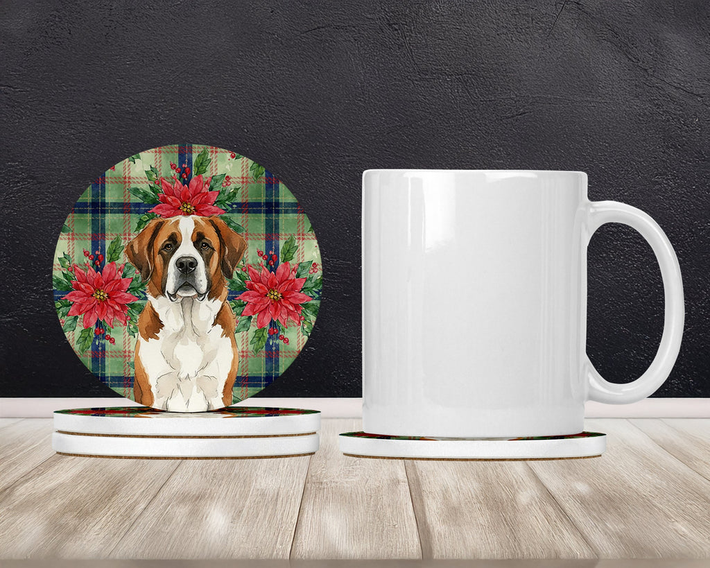 Brown and White Saint Bernard Christmas PoinsettIas Large Sandstone Coasters Pack of 4 Absorbent Round Coasters Decor Gifts for Men or Women, 4 in, Multicolor