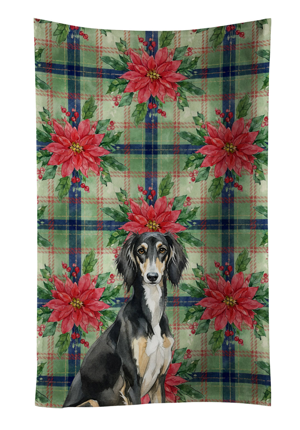 Black and Tan Saluki Christmas PoinsettIas Kitchen Towel Velour Plush Front and Cotton Loop Back Machine Washable