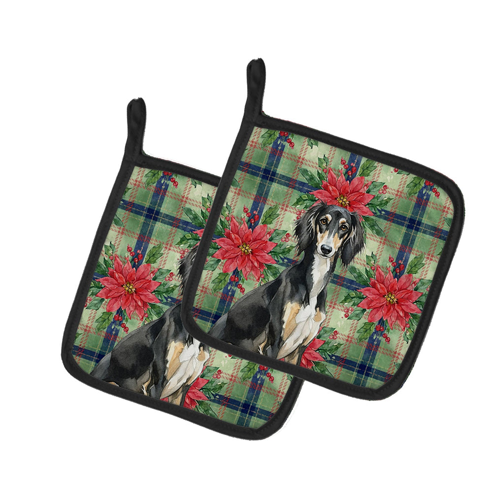 Black and Tan Saluki Christmas PoinsettIas Pot Holder Set of 2 Heat Resistant Quilted Hot Pads 7.5 x 7.5 Inch, Insulated Kitchen Trivets for Cooking & Baking