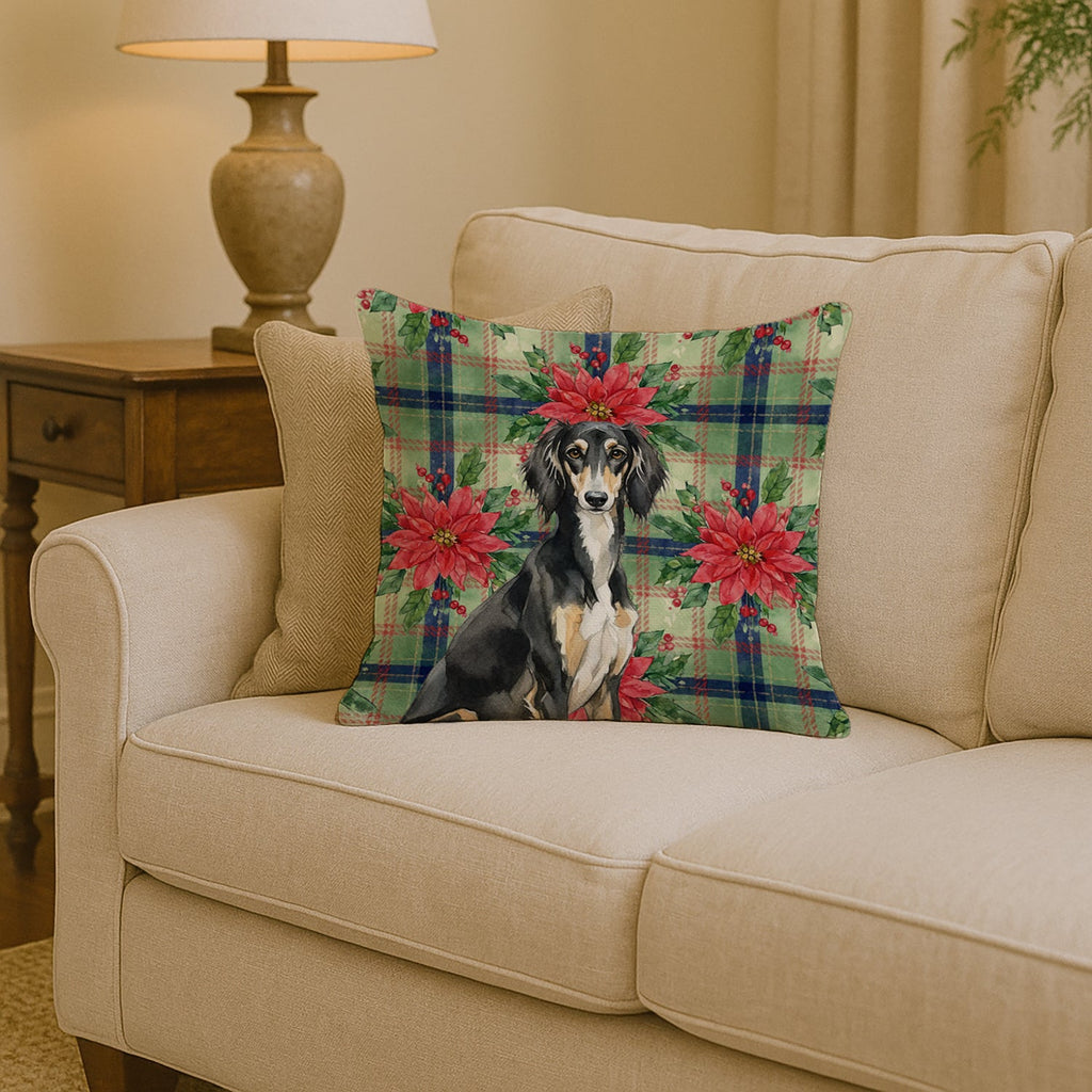 Black and Tan Saluki Christmas PoinsettIas Decorative Throw Pillow 14x14 Indoor Outdoor Accent Cushion, Fabric Cover with Insert for Sofa, Bed, Porch & Living Room