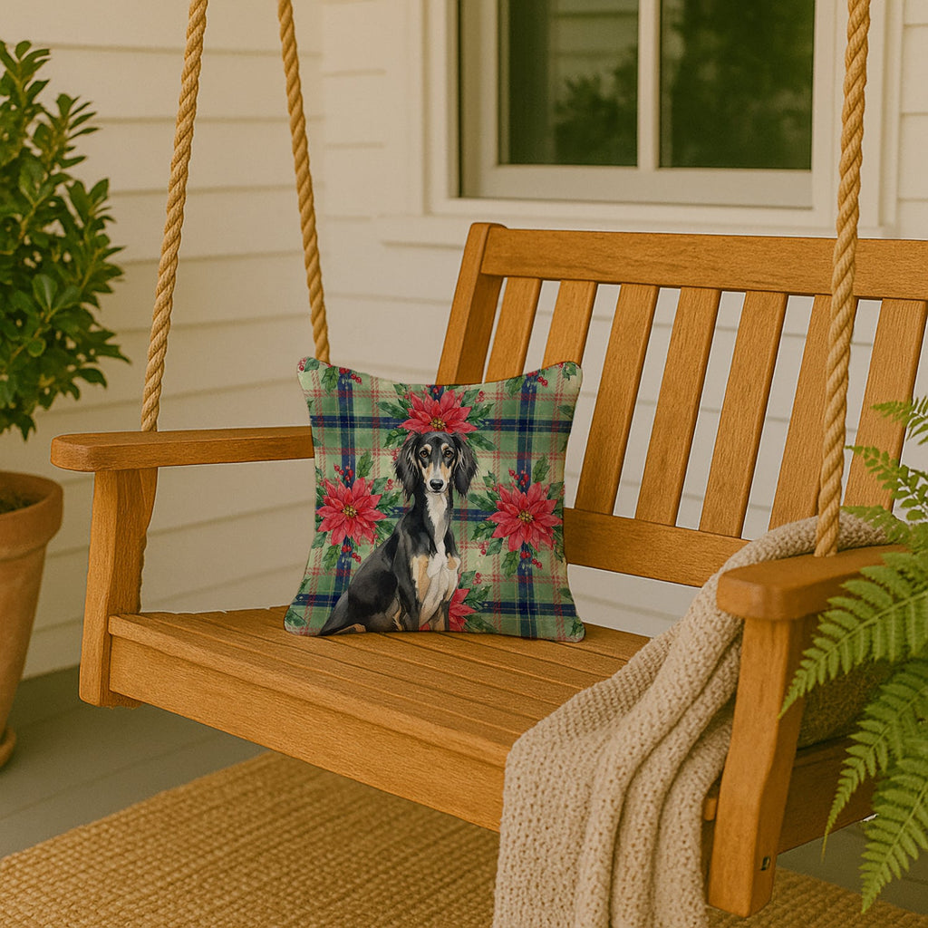 Black and Tan Saluki Christmas PoinsettIas Decorative Throw Pillow 14x14 Indoor Outdoor Accent Cushion, Fabric Cover with Insert for Sofa, Bed, Porch & Living Room