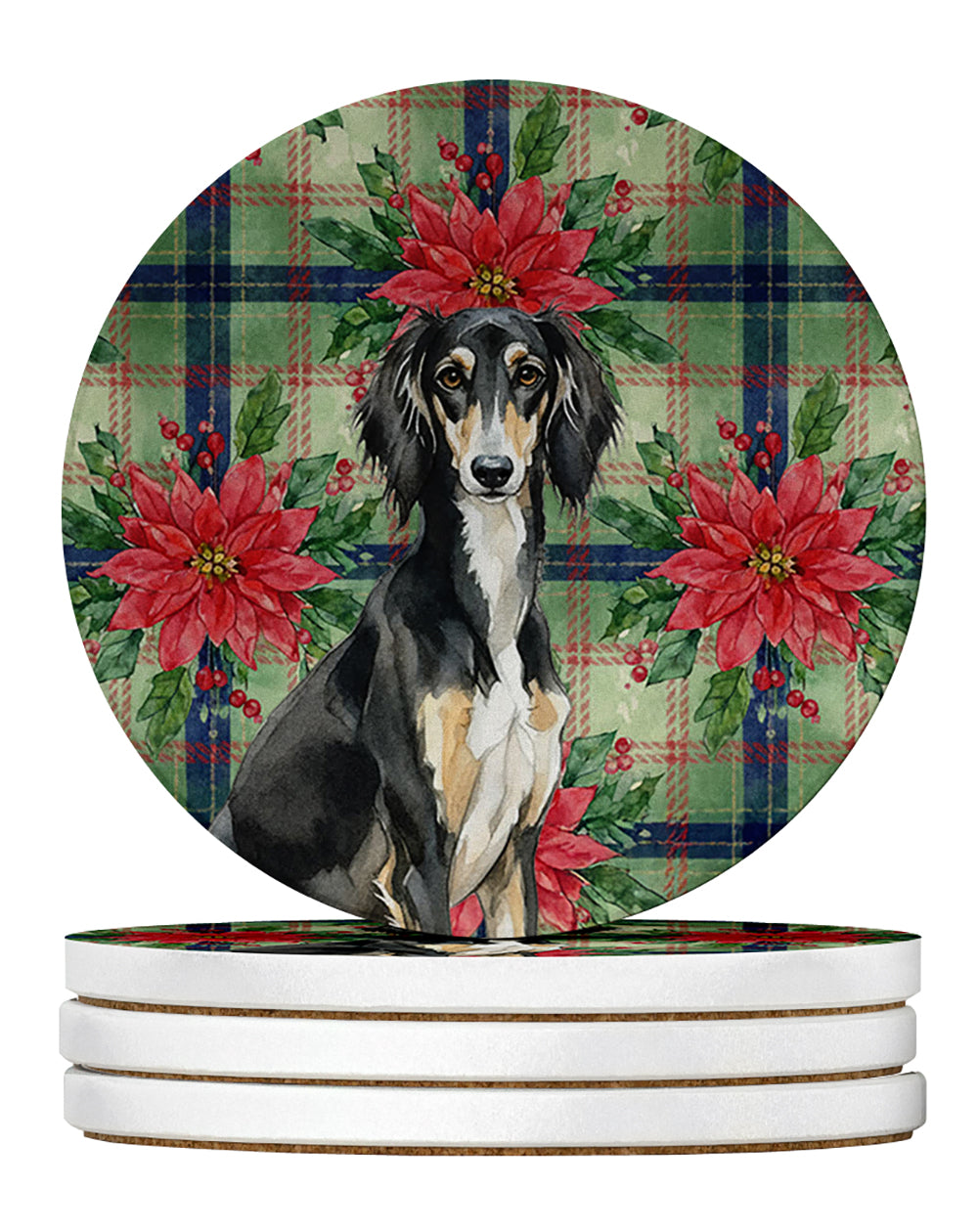 Black and Tan Saluki Christmas PoinsettIas Large Sandstone Coasters Pack of 4 Absorbent Round Coasters Decor Gifts for Men or Women, 4 in, Multicolor