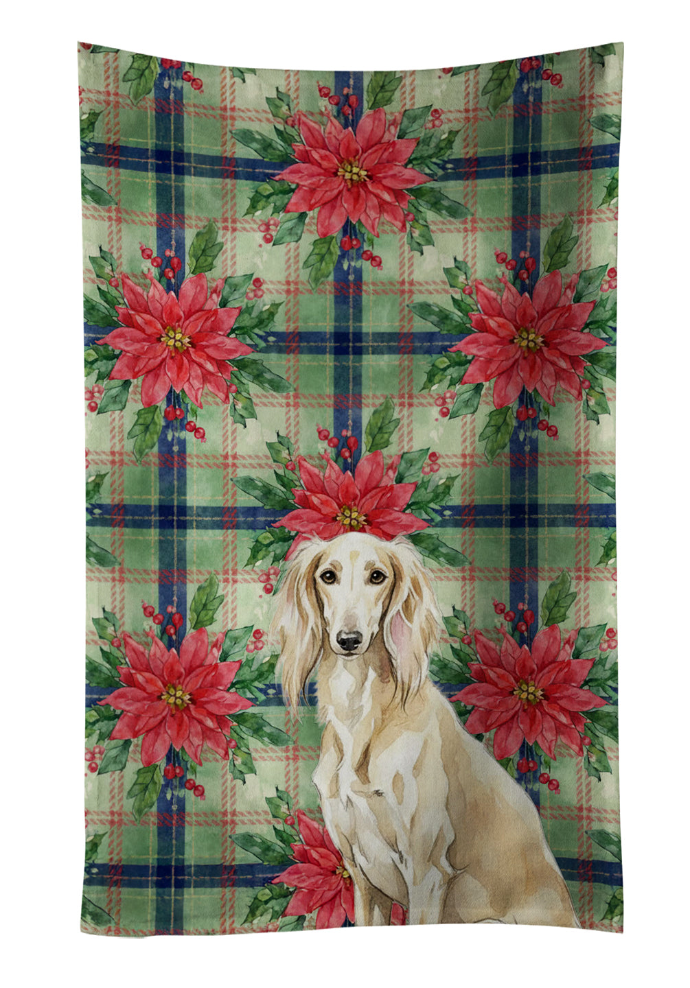 Cream Saluki Christmas PoinsettIas Kitchen Towel Velour Plush Front and Cotton Loop Back Machine Washable