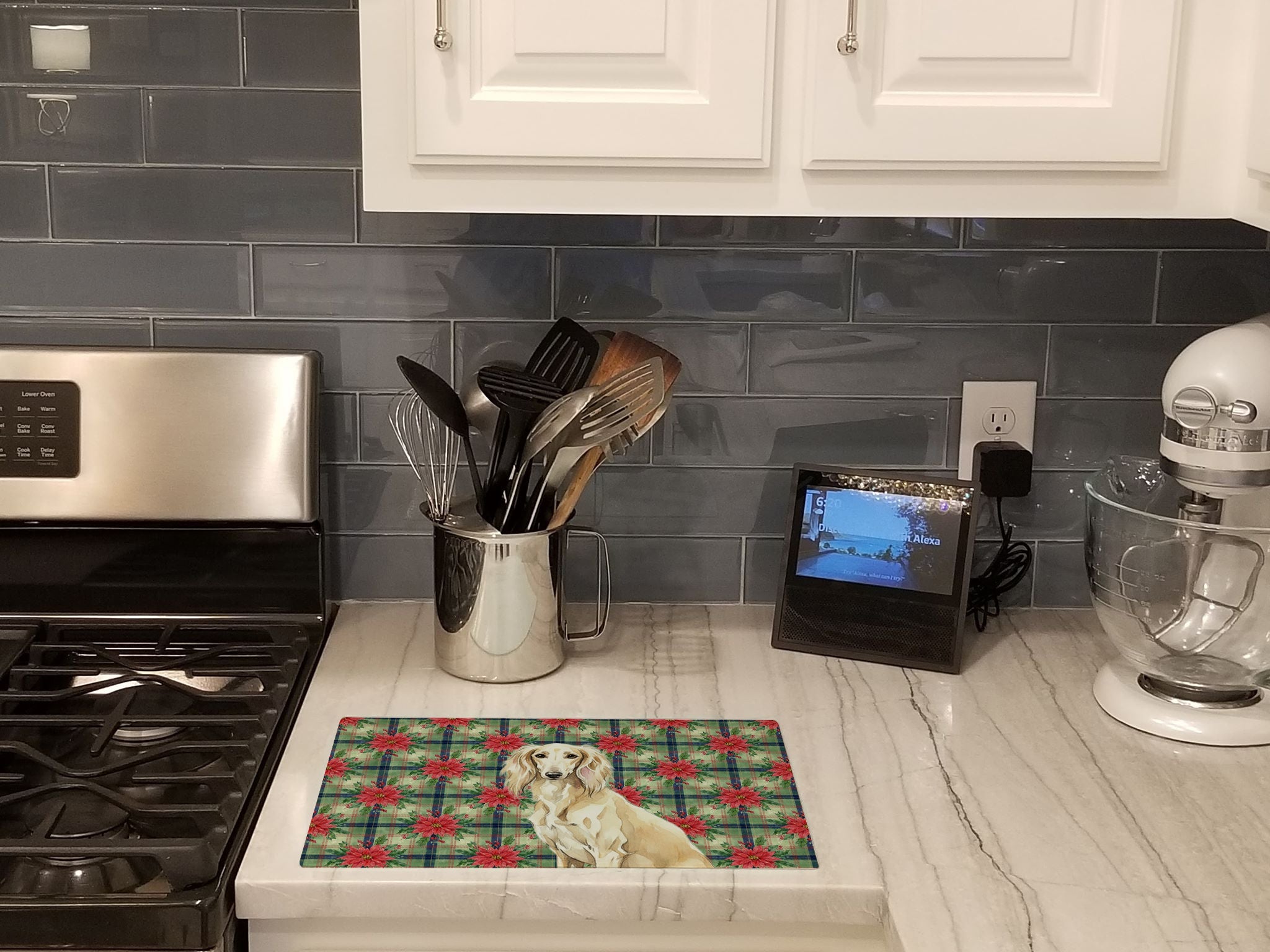 Cream Saluki Christmas PoinsettIas Cutting Board Tempered Glass Kitchen Cutting Surface, Heat Resistant Chopping, Non-Slip Feet, Food Prep & Serving