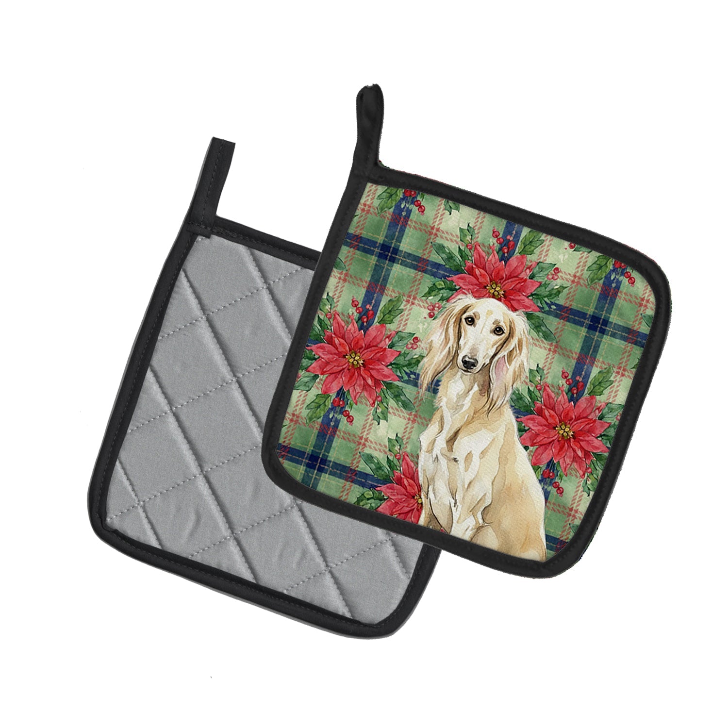 Cream Saluki Christmas PoinsettIas Pot Holder Set of 2 Heat Resistant Quilted Hot Pads 7.5 x 7.5 Inch, Insulated Kitchen Trivets for Cooking & Baking