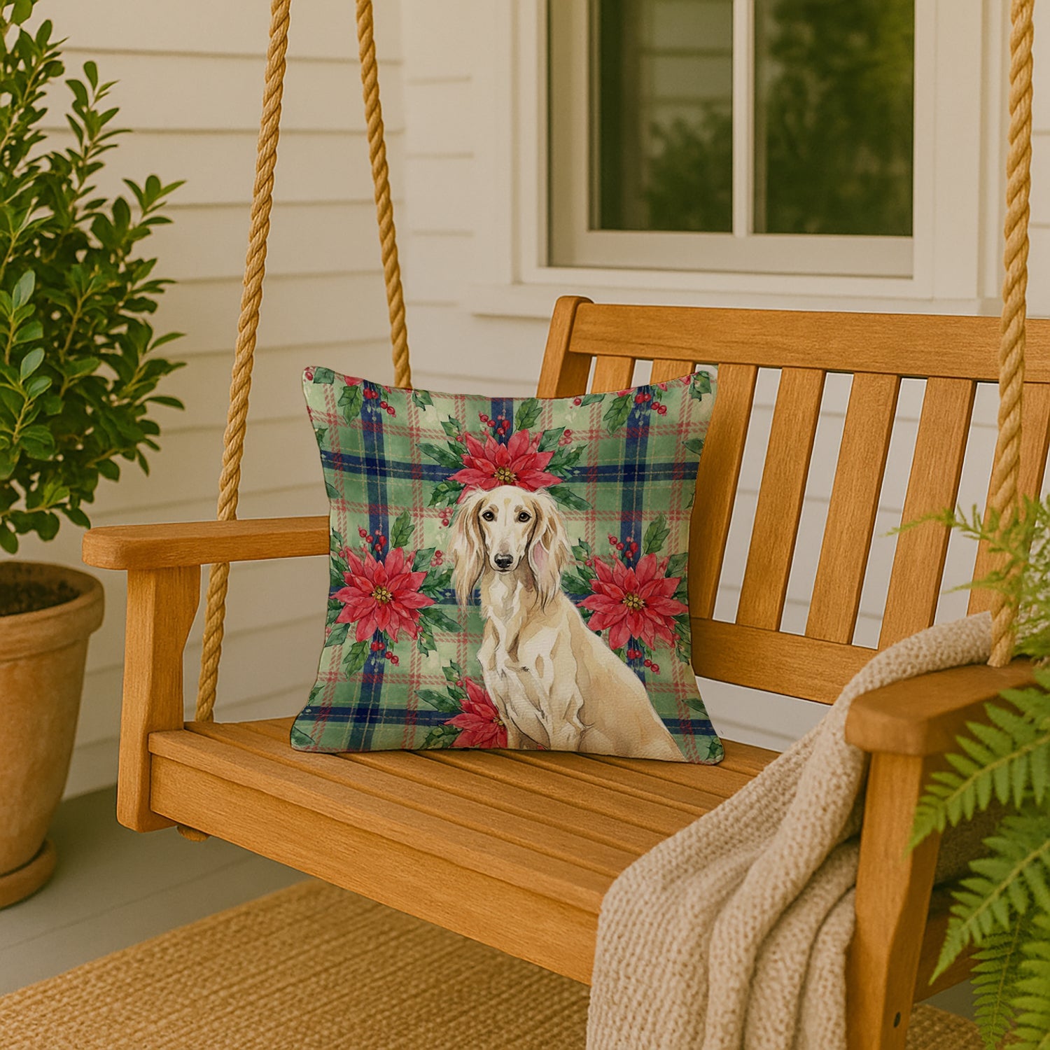 Cream Saluki Christmas PoinsettIas Decorative Throw Pillow 18x18 Indoor Outdoor Accent Cushion, Fabric Cover with Insert for Sofa, Bed, Porch & Living Room