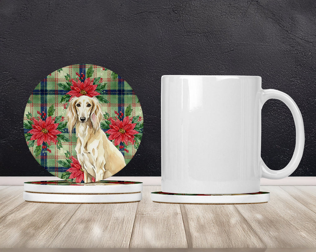 Cream Saluki Christmas PoinsettIas Large Sandstone Coasters Pack of 4 Absorbent Round Coasters Decor Gifts for Men or Women, 4 in, Multicolor