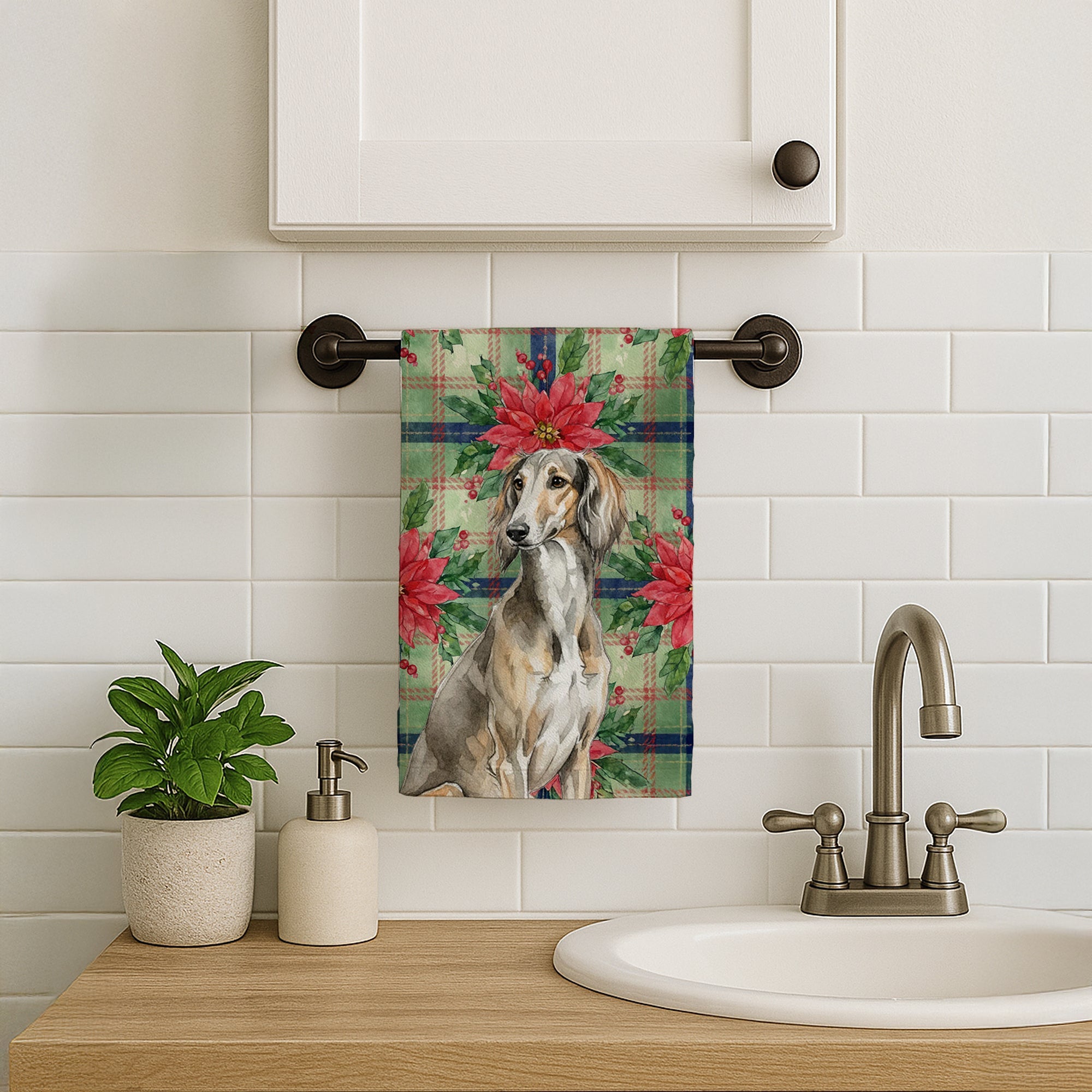 Grizzle Saluki Christmas PoinsettIas Kitchen Towel Velour Plush Front and Cotton Loop Back Machine Washable