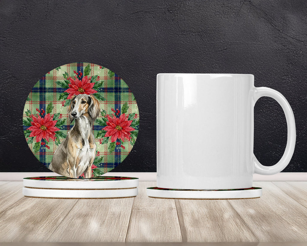 Grizzle Saluki Christmas PoinsettIas Large Sandstone Coasters Pack of 4 Absorbent Round Coasters Decor Gifts for Men or Women, 4 in, Multicolor