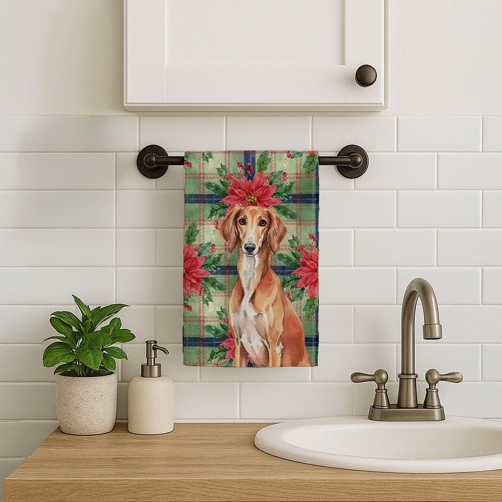 Red Saluki Christmas PoinsettIas Kitchen Towel Velour Plush Front and Cotton Loop Back Machine Washable