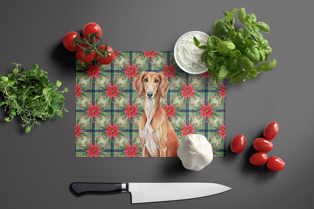 Red Saluki Christmas PoinsettIas Cutting Board Tempered Glass Kitchen Cutting Surface, Heat Resistant Chopping, Non-Slip Feet, Food Prep & Serving