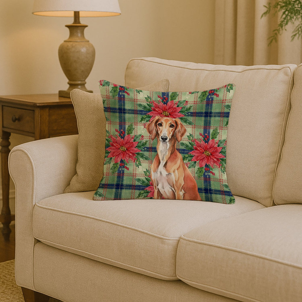 Red Saluki Christmas PoinsettIas Decorative Throw Pillow 14x14 Indoor Outdoor Accent Cushion, Fabric Cover with Insert for Sofa, Bed, Porch & Living Room
