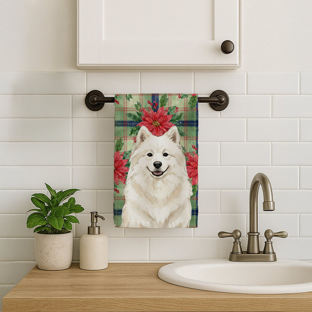 Cream Samoyed Christmas PoinsettIas Kitchen Towel Velour Plush Front and Cotton Loop Back Machine Washable
