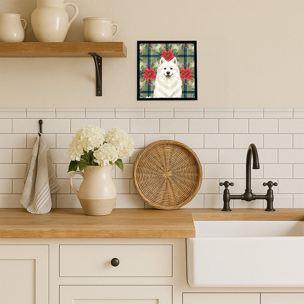 Cream Samoyed Christmas PoinsettIas Framed Metal Print Bathroom, Kitchen, Office, Home Decor Wall Art Ready to Hang, Square, 8X8