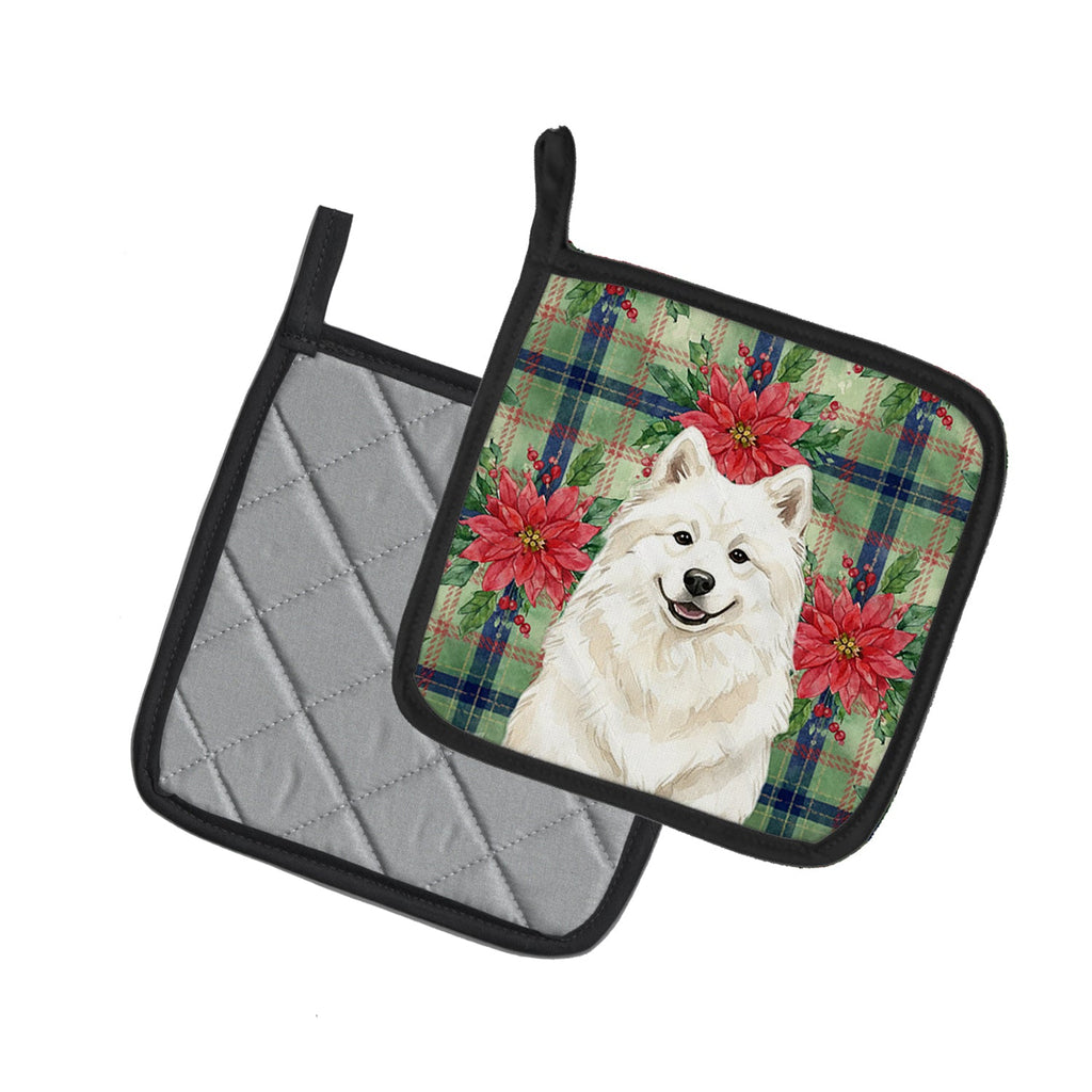 Cream Samoyed Christmas PoinsettIas Pot Holder Set of 2 Heat Resistant Quilted Hot Pads 7.5 x 7.5 Inch, Insulated Kitchen Trivets for Cooking & Baking