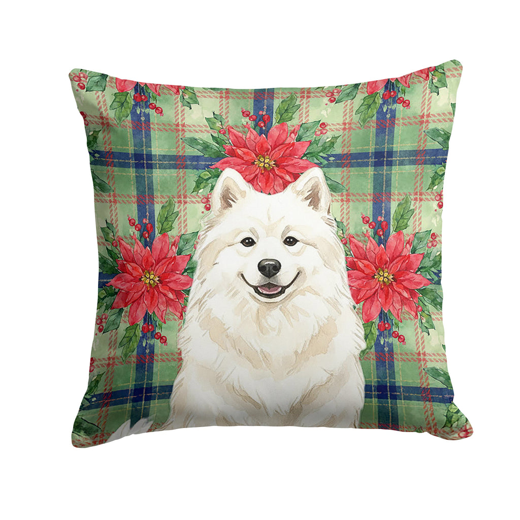 Cream Samoyed Christmas PoinsettIas Decorative Throw Pillow 14x14 Indoor Outdoor Accent Cushion, Fabric Cover with Insert for Sofa, Bed, Porch & Living Room