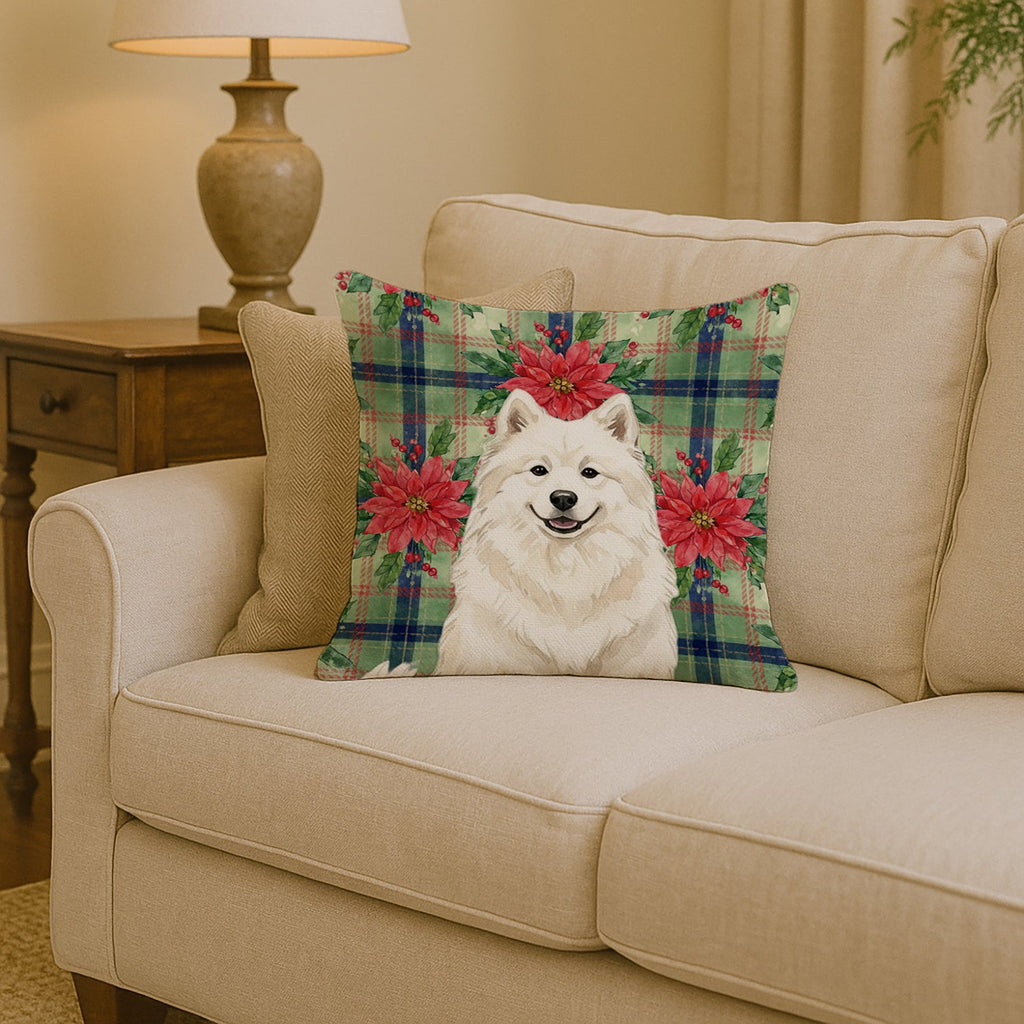 Cream Samoyed Christmas PoinsettIas Decorative Throw Pillow 14x14 Indoor Outdoor Accent Cushion, Fabric Cover with Insert for Sofa, Bed, Porch & Living Room
