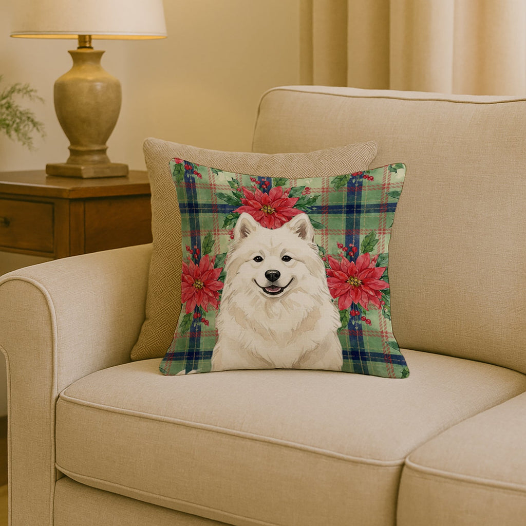 Cream Samoyed Christmas PoinsettIas Decorative Throw Pillow 18x18 Indoor Outdoor Accent Cushion, Fabric Cover with Insert for Sofa, Bed, Porch & Living Room
