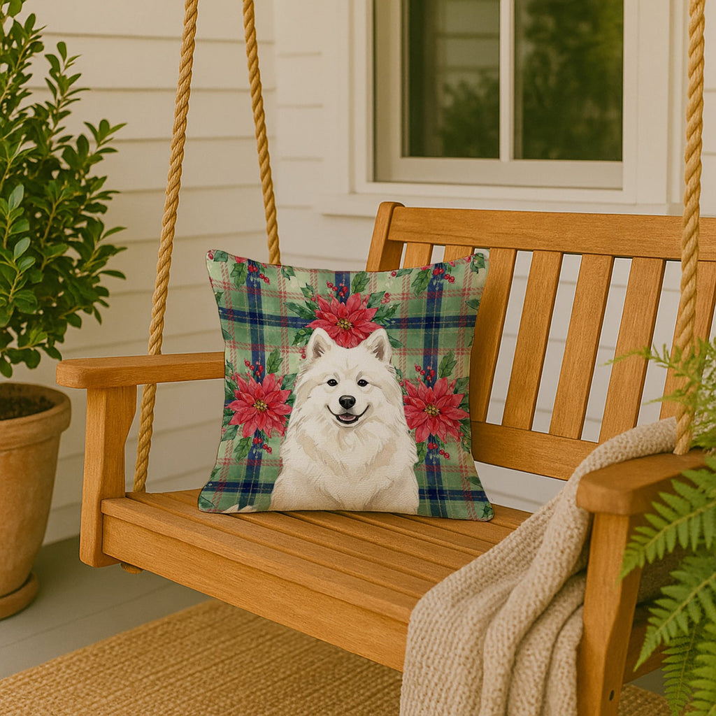 Cream Samoyed Christmas PoinsettIas Decorative Throw Pillow 18x18 Indoor Outdoor Accent Cushion, Fabric Cover with Insert for Sofa, Bed, Porch & Living Room