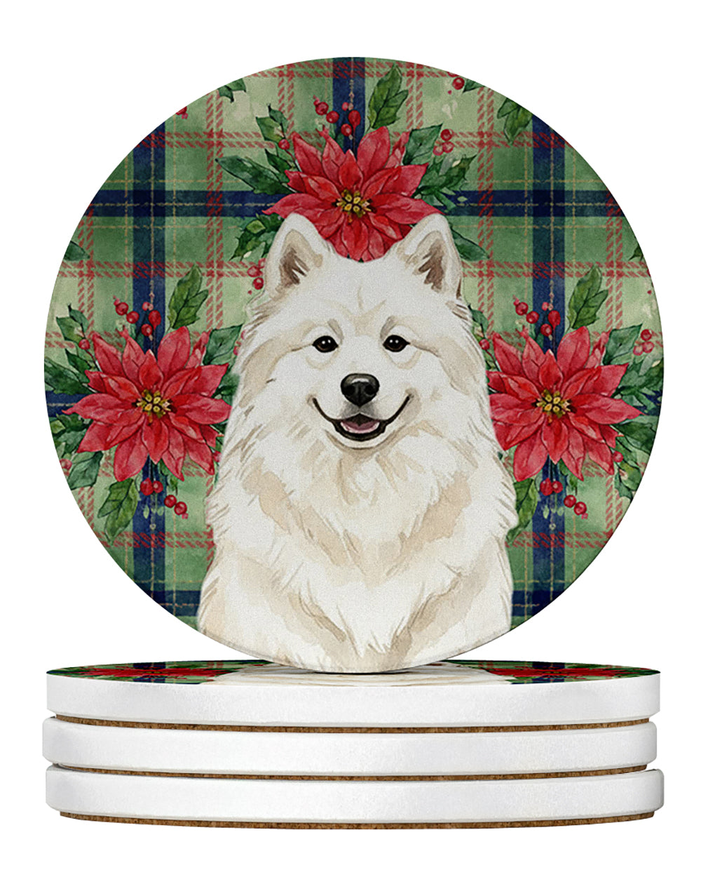 Cream Samoyed Christmas PoinsettIas Large Sandstone Coasters Pack of 4 Absorbent Round Coasters Decor Gifts for Men or Women, 4 in, Multicolor