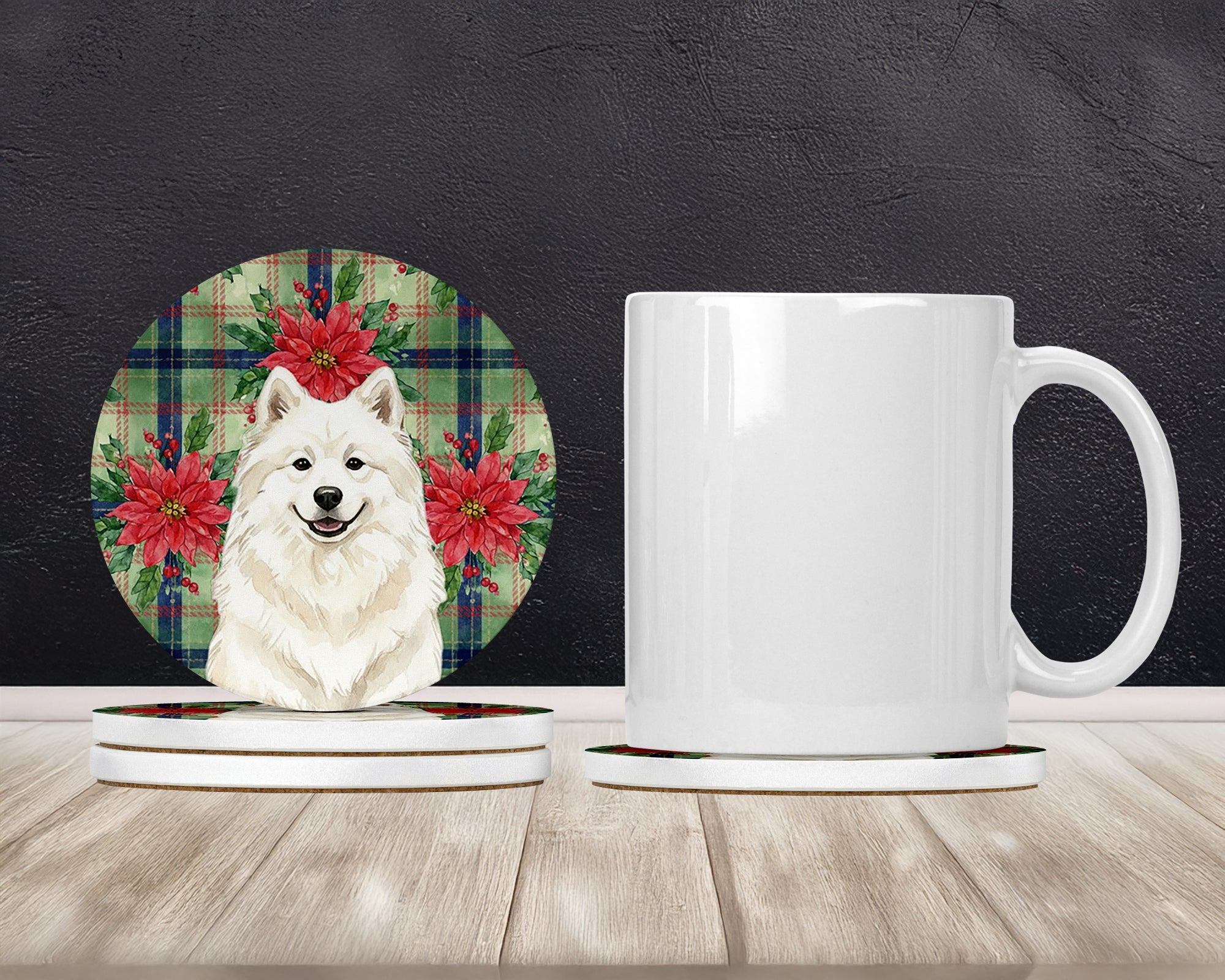 Cream Samoyed Christmas PoinsettIas Large Sandstone Coasters Pack of 4 Absorbent Round Coasters Decor Gifts for Men or Women, 4 in, Multicolor