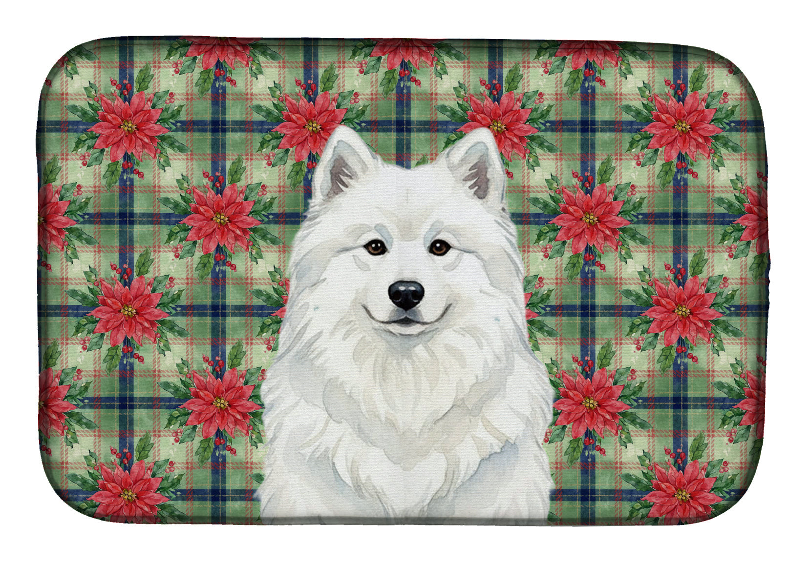 White Samoyed Christmas PoinsettIas Dish Drying Mat Absorbent Dish Drying Mat Pad for Kitchen Counter Dish Drainer Mat for Countertop, 14 x 21", Multicolor