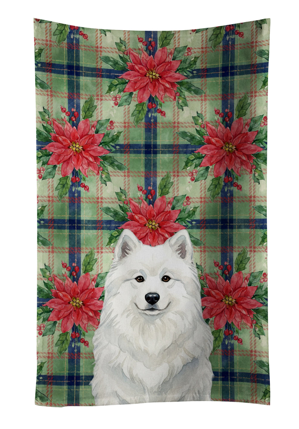White Samoyed Christmas PoinsettIas Kitchen Towel Velour Plush Front and Cotton Loop Back Machine Washable