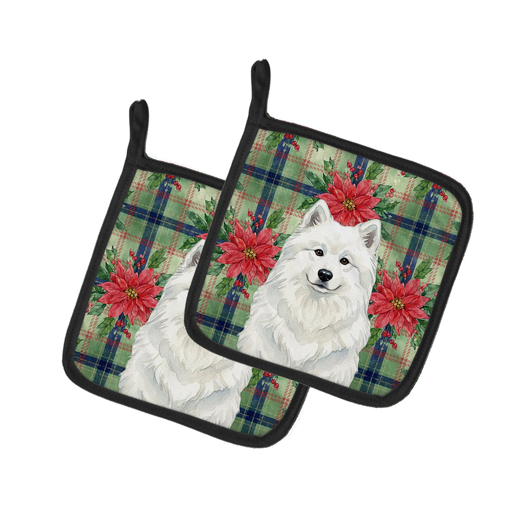 White Samoyed Christmas PoinsettIas Pot Holder Set of 2 Heat Resistant Quilted Hot Pads 7.5 x 7.5 Inch, Insulated Kitchen Trivets for Cooking & Baking