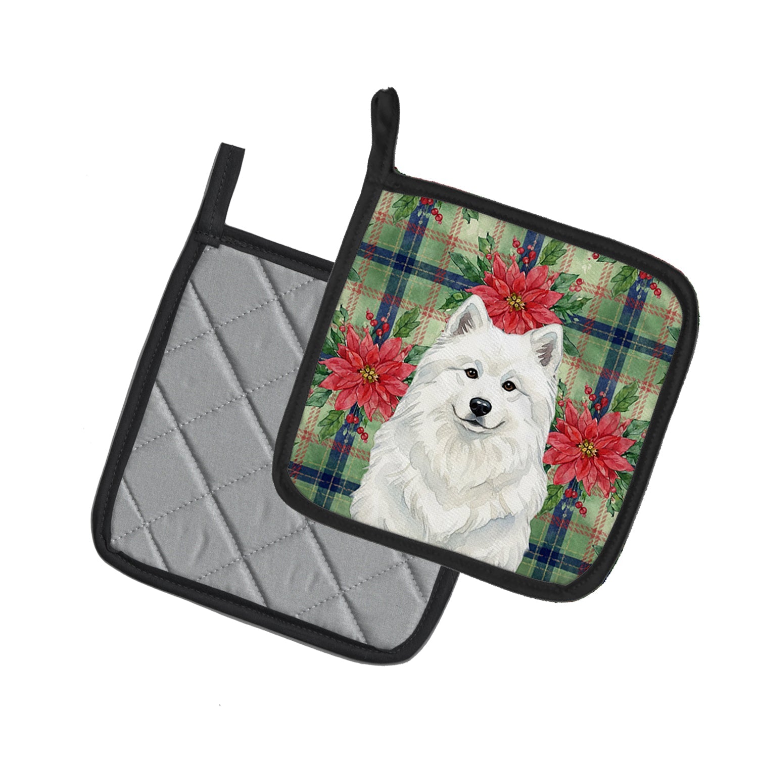 White Samoyed Christmas PoinsettIas Pot Holder Set of 2 Heat Resistant Quilted Hot Pads 7.5 x 7.5 Inch, Insulated Kitchen Trivets for Cooking & Baking