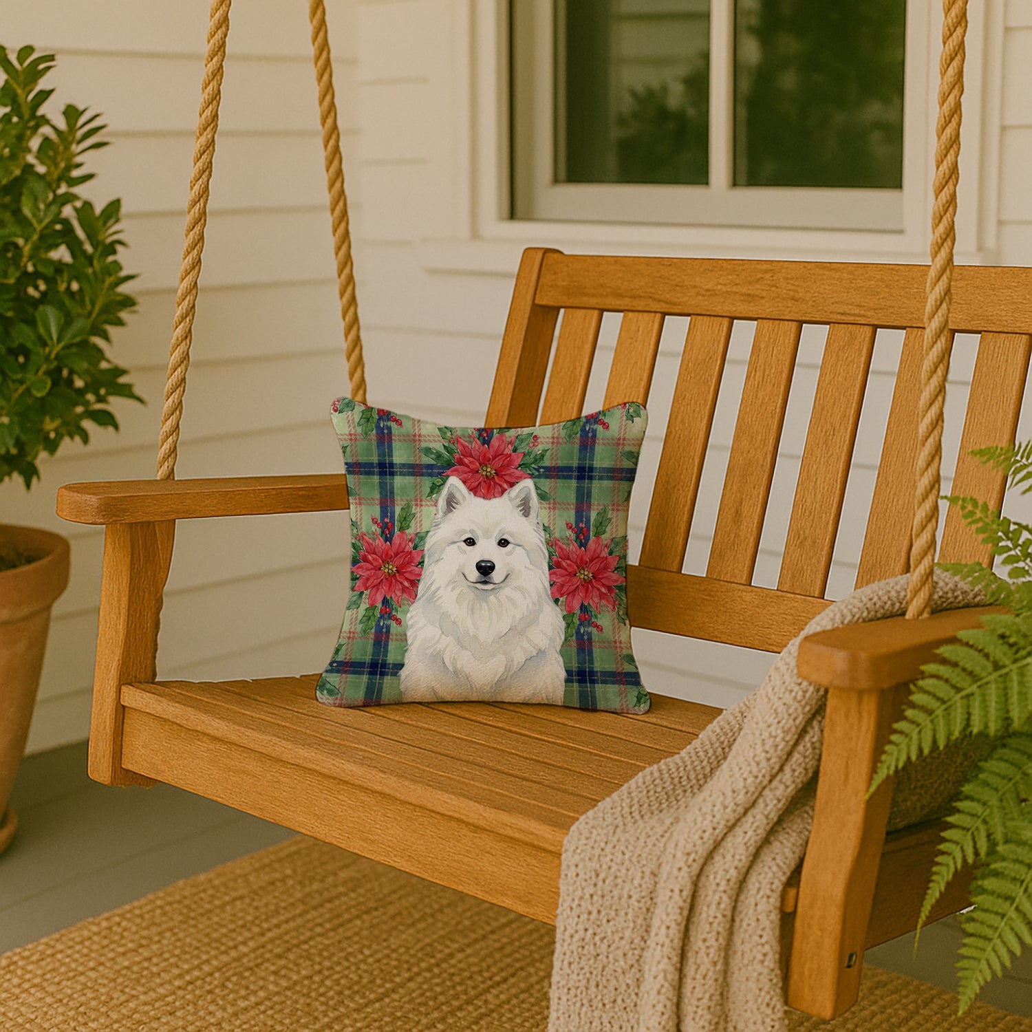 White Samoyed Christmas PoinsettIas Decorative Throw Pillow 14x14 Indoor Outdoor Accent Cushion, Fabric Cover with Insert for Sofa, Bed, Porch & Living Room