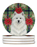 White Samoyed Christmas PoinsettIas Large Sandstone Coasters Pack of 4 Absorbent Round Coasters Decor Gifts for Men or Women, 4 in, Multicolor