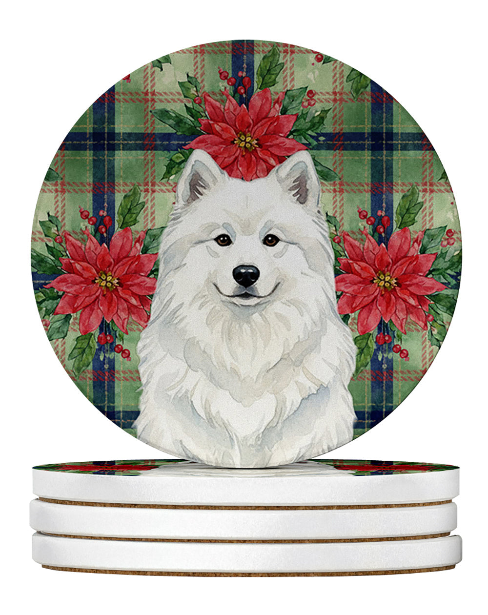 White Samoyed Christmas PoinsettIas Large Sandstone Coasters Pack of 4 Absorbent Round Coasters Decor Gifts for Men or Women, 4 in, Multicolor