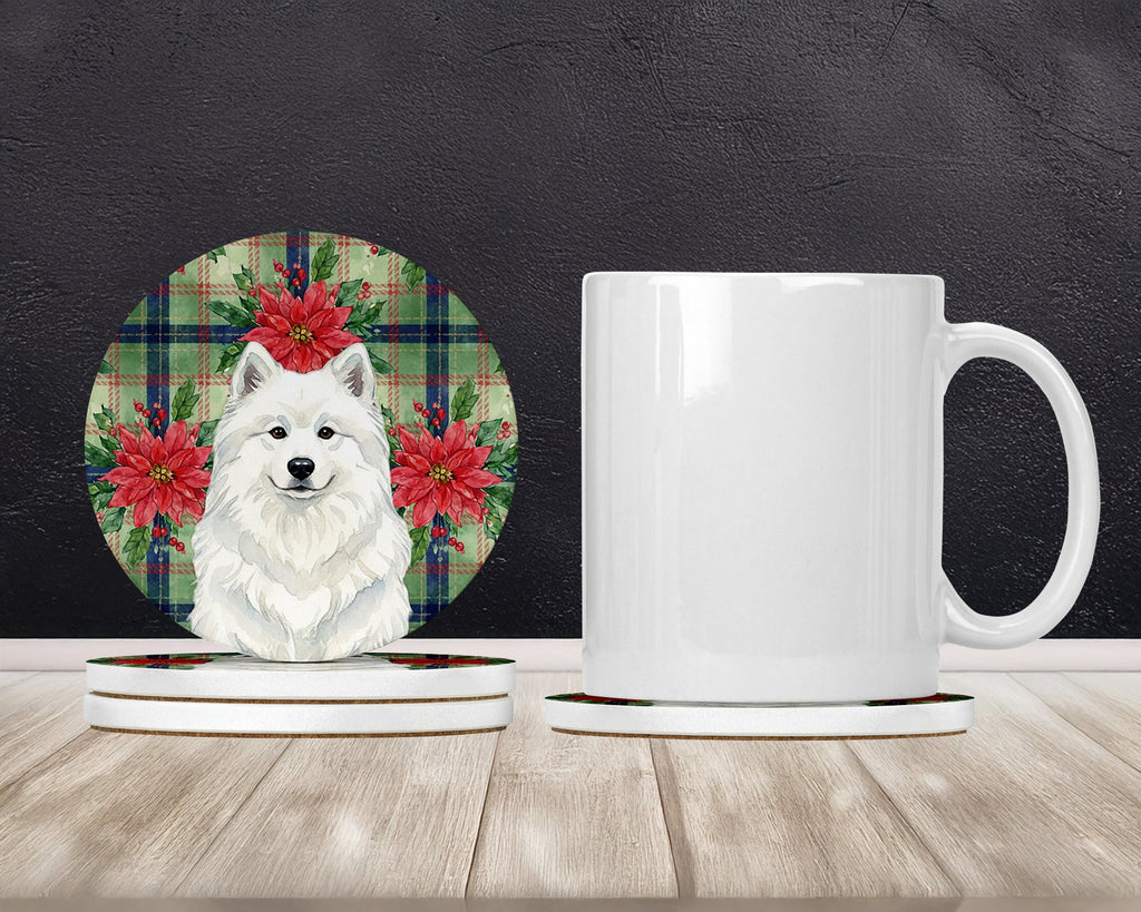 White Samoyed Christmas PoinsettIas Large Sandstone Coasters Pack of 4 Absorbent Round Coasters Decor Gifts for Men or Women, 4 in, Multicolor