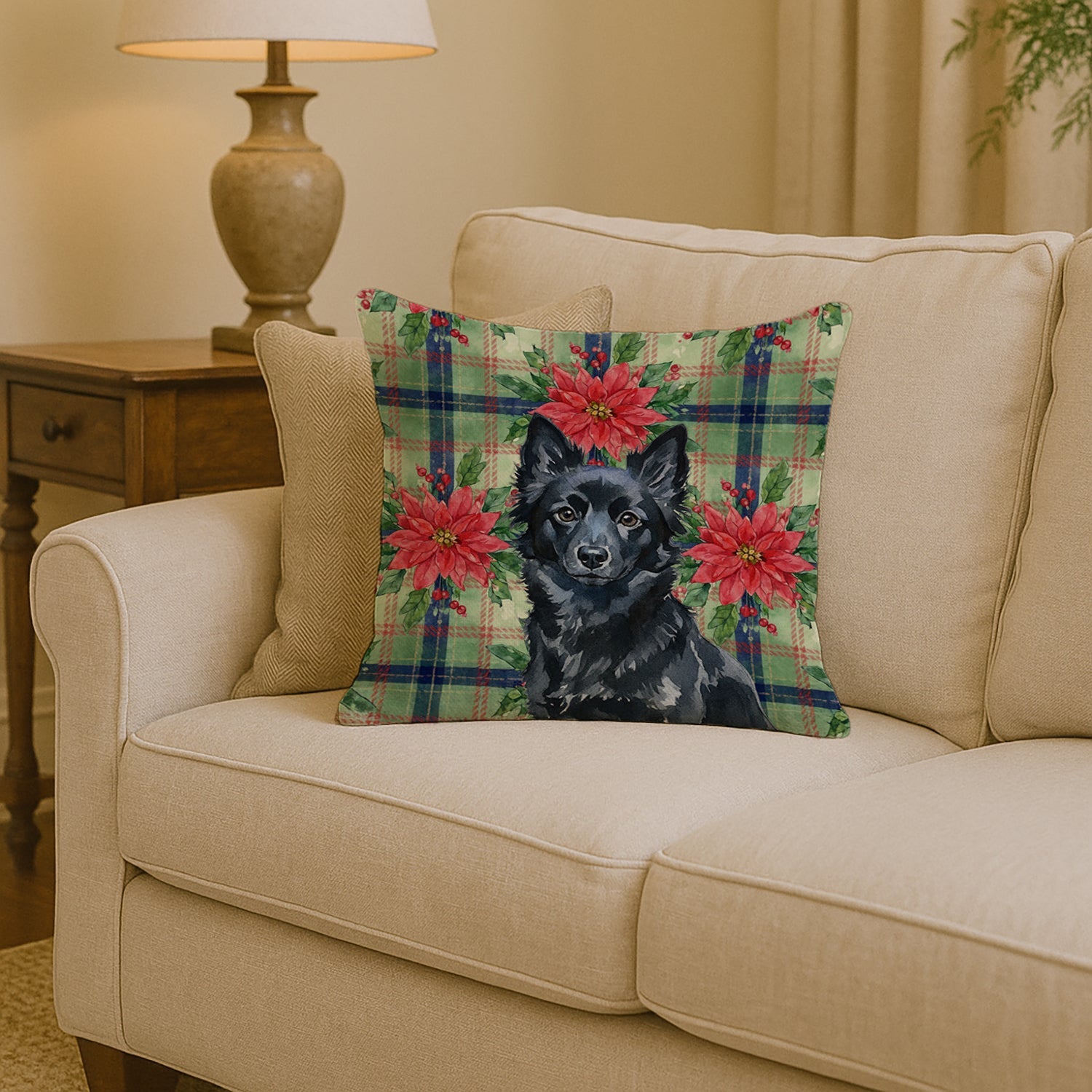 Schipperke Christmas PoinsettIas Decorative Throw Pillow 14x14 Indoor Outdoor Accent Cushion, Fabric Cover with Insert for Sofa, Bed, Porch & Living Room