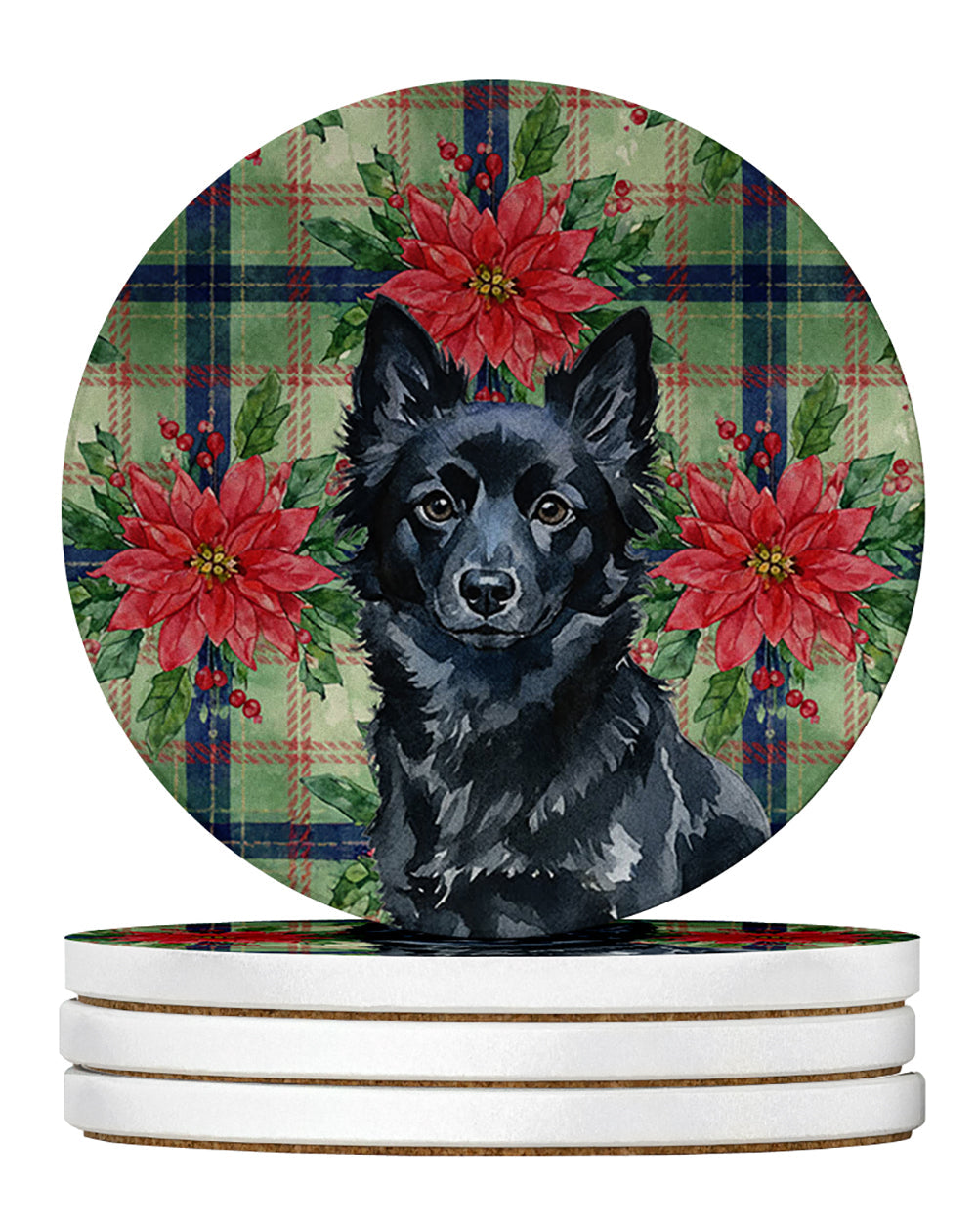 Schipperke Christmas PoinsettIas Large Sandstone Coasters Pack of 4 Absorbent Round Coasters Decor Gifts for Men or Women, 4 in, Multicolor